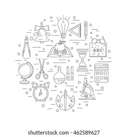  School linear icons arranged in a circle. The items include a learning process in an educational institution
