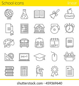 School linear icons set. Class register, calculator, pupils, school bus, bell and building. Open textbook, abacus, rulers, backpack, calendar and academic cap. Thin line. Isolated vector illustrations