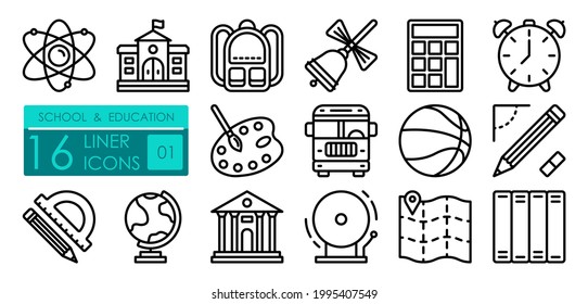 School linear icons set. Structure of atom, backpack, calculator, road to school by bus. Physical education lessons, geography. Simple vector