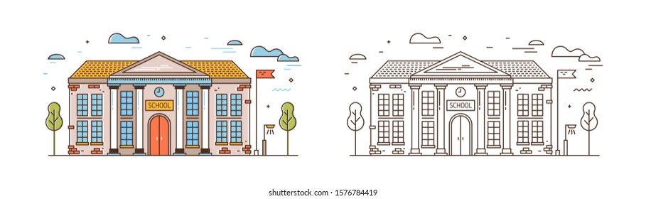 School linear vector illustration. Modern educational institution exterior isolated on white background. Primary education building. Academic campus with flag outline design element.