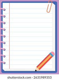 school lined notebook background with copy space, paper sheet with paper clip and pencil template illustration, back to school banner