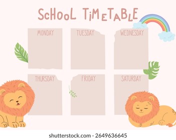 Horário do leão da escola. Semana educacional planejador.Escola vetor lição planejador modelo com leão felino bonito kawaii 
