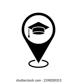 school location map pointer, graduation hat icon with location pin, black filled symbol isolated on white background, vector marker, university, college sign