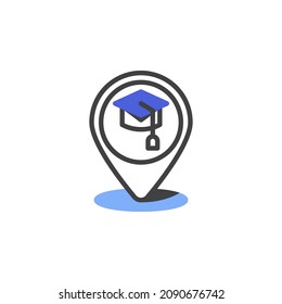 School location pin line icon. linear style sign for mobile concept and web design. Map pointer with graduation hat outline vector icon. Symbol, logo illustration. Vector graphics