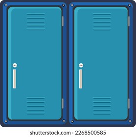 Localizador escolar. Cajero de escuela azul con cerradura para guardar cosas y libros. Casilla para gimnasio y vestuario de billar. Icono para sitio web, aplicación sobre escuela, educación. Ilustración plana vectorial, estilo de dibujos animados.
