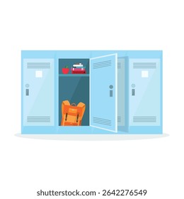 School locker icon on white background. Briefcase, books and apple in open locker. Storage space.