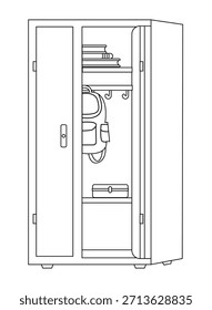 Armario de la escuela con puerta abierta. Icono de contorno. Ilustración aislada sobre fondo blanco. archivo de Vector