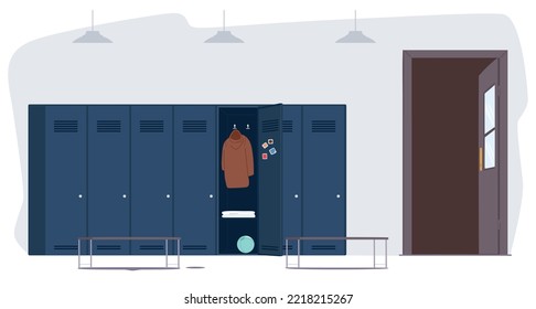 School Locker Room Interior with Lockers, Benches and Open Door. Place for Kids Changing Clothes and Keeping Stuff. Student Wardrobe in Collage or University Hall. Cartoon Vector Illustration.