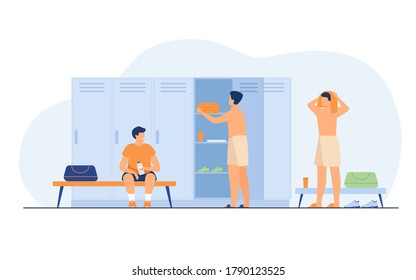 School Locker Room Isolated Flat Vector Illustration. Cartoon Football Or Soccer Team Changing Clothes After Training. Sport, Lifestyle And Fitness Concept