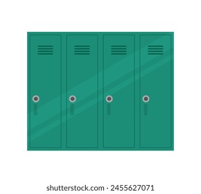 School locker. Students metal lockers or gym sports cabinets for college teenagers, cloakroom cupboard open closed doors, fitness steel closet cartoon vector illustration of college locker storage
