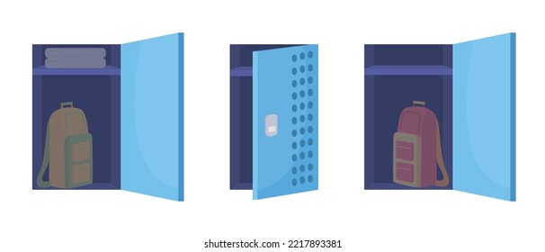 Conjunto de objetos vectoriales de color semiplano de los lockers de la escuela. Elementos editables. Artículos de tamaño completo en blanco. Colección de ilustraciones simples de dibujos animados para diseño gráfico web y animación