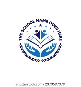 Logo escolar con mano, libro, estudiante y estrella con estilo minimalista