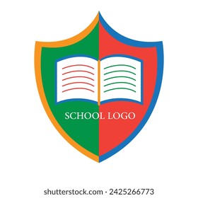 School logo, learning concept logo, learning shield symbol, book inside a shield frame logo concept