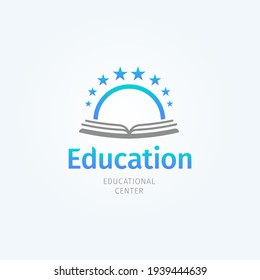 Logo de la escuela. Libro abierto y sol. Símbolo de conocimiento y educación. Plantilla de logotipo de librerías y bibliotecas. Ilustración del vector