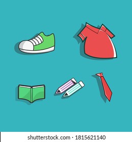 school logo set icon, book, uniform, pencil, shoes, and tie.