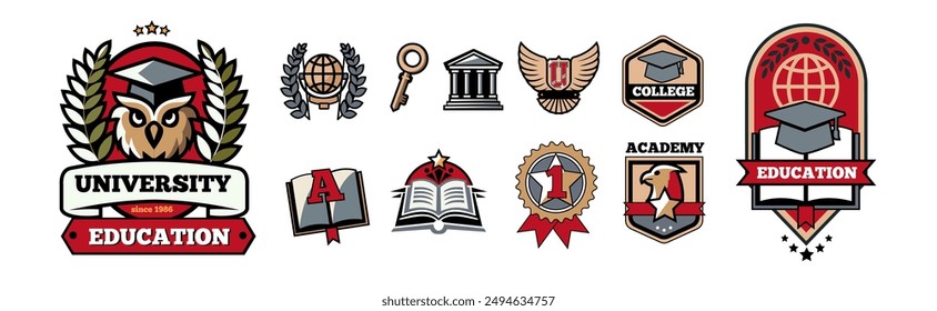 School logo. University badge. College education emblem. Graduation hat. Book learning. Academy design. Academic shield. Wise bird. Crest and wings. Business sign template. Vector studying icons set