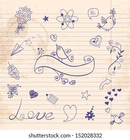 School and love. Set of hand drawn elements for design. Vector illustration.
