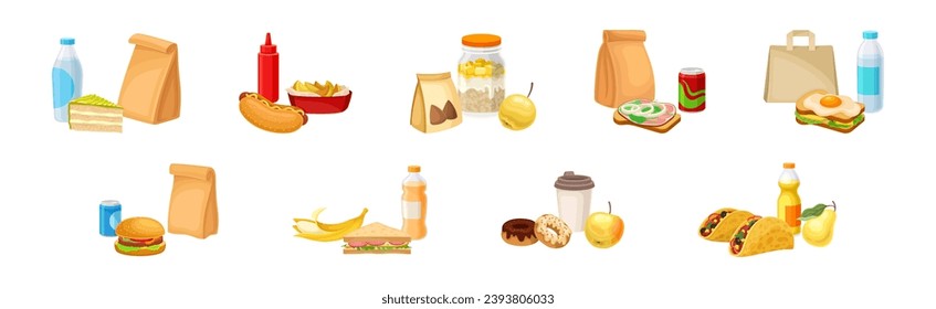 School Lunch Bag with Different Products Vector Set