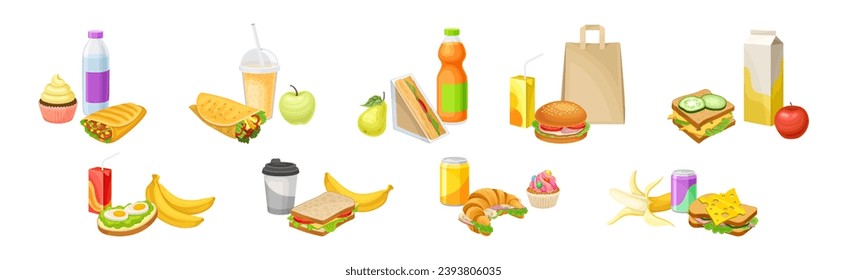 School Lunch Bag with Different Products Vector Set