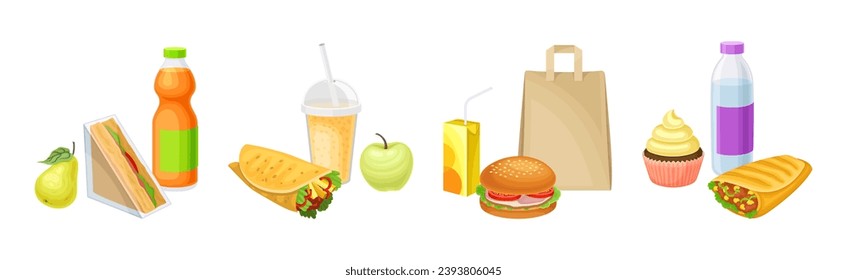 School Lunch Bag with Different Products Vector Set