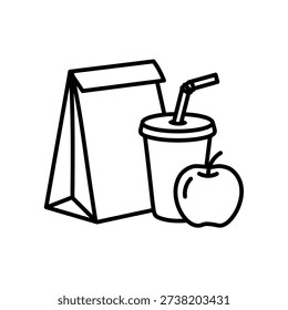 School Lunch Bag with Drink and Apple Line Art Icon Illustration