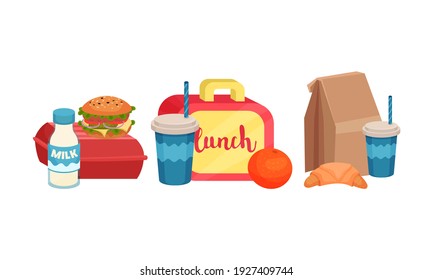 School Lunch Bags and Lunchbox with Milk, Orange and Hamburger Vector Set