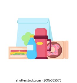 School lunch bags and trays with sandwiches, fruits and donut, water bottle. Vector illustration
