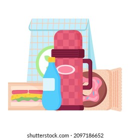 School lunch bags and trays with sandwiches, fruits and donut, water bottle