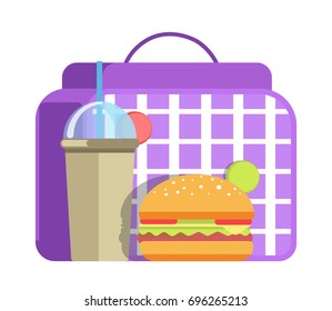 School lunch with big hamburger and cup of sweet soda