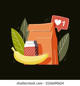 School lunch box. Children's lunch bag and tray with banana, soda and paper pocket.  Kids school lunches icon in flat style.