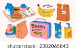 School lunch box, container, tray with meals, paper bag. Various food: sandwich, fruits, milk, juice, soda. Hand drawn Vector illustration. Isolated elements, design templates. Healthy food concept