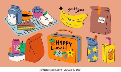 School lunch box, container, tray with meals, paper bag. Various food: sandwich, fruits, milk, juice, soda. Hand drawn Vector illustration. Isolated elements, design templates. Healthy food concept