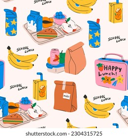 School lunch box, container, tray with meals, paper bag. Various food: sandwich, fruits, milk, juice, soda. Hand drawn Vector illustration. Square seamless Pattern, background, wallpaper