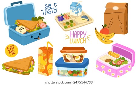 School lunch box, container, tray with meals, paper bag. Various food: sandwich, fruits, milk, juice, soda. Hand drawn Vector illustration. Isolated elements, design templates. Healthy food concept