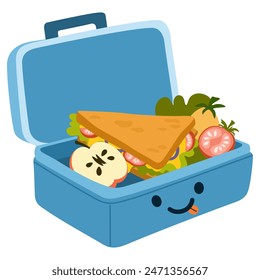 School lunch box, container. Various food: sandwich, fruits, vegetables. Hand drawn Vector illustration. Isolated elements, design templates. Healthy food concept