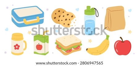 School lunch box element set with food, sandwich, apple, banana, cookies, juice box, thermos, water bottle and paper bag isolated on white background. Flat hand drawn school meal illustration.