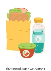 Icono plano de la caja de almuerzo escolar Sándwich, agua y jugo. Ilustración del vector