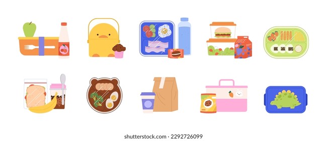 Almuerzo escolar. Comida casera, sándwich, manzana y bebida para el desayuno en estudio. Cajas de almuerzo, plato con diferentes tentempiés racy vector set