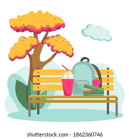 Almuerzo escolar en un banco de un parque. Ilustración del concepto de alimentos saludables. Comida al aire libre. Plantilla de diseño de sitios web de vector plano. 