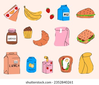 School lunch box, paper bag. Sandwich, fruits, milk, juice, soda. Vector illustration. Balanced nutrition. Healthy food. Color isolated illustrations