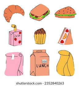 Almuerzo escolar, bolsa de papel. Sándwich, leche, jugo, refresco. Ilustración vectorial. Nutrición equilibrada. Alimentos saludables. Ilustraciones aisladas de color	