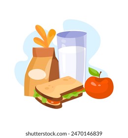 School lunch box with red apple, milk and sandwich. Cartoon lunch bag isolated on white background. Kids school or kindergarten lunchbox icon concept. Flat vector illustration