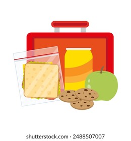 school lunch box with sandwich, cookies, soda and apple, flat vector illustration