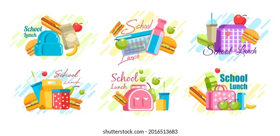 School Lunch In Box, Vector Illustration. Snack Food In Bag Set, Isolated On White Meal In Container. Healthy Nutrition For Lunchtime, Flat Lunchbox With Fruit, Water, Sandwich And Milk.