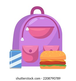 School lunch box vector illustration. Lunchbox with healthy food in backpacks for kids on white background. Lunch time in school, food boxes, picnic concept