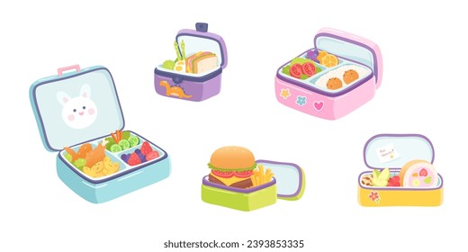 School lunch box vector illustration set. Lunchboxes with different meals for kids. Breakfast, lunch, dinner trays. Fast food, vegetables, sandwiches. Bento. Homemade nutrition. Healthy food concept.