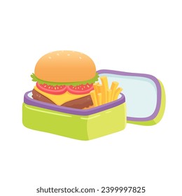 Ilustración vectorial de la caja de almuerzo escolar. Almuerzo para niños. Contenedor con hamburguesa y patatas fritas. Bento. Comida rápida casera.