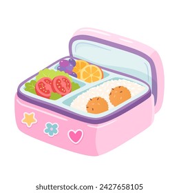 School lunch box vector illustration. Lunchbox for kids. Container with rice, vegetables. and fruits. Bento. Homemade nutrition. Healthy food concept.