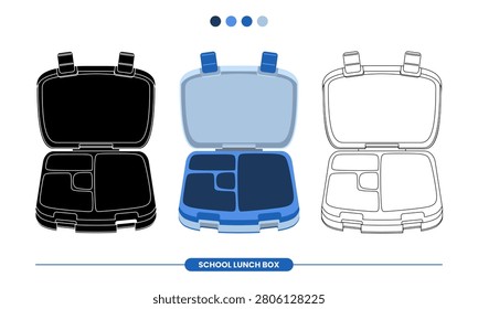 School lunch box vector illustration displayed in open front view with multiple food compartments on a clean white background. Designed for students, parents, educators, and product presentations, the editable graphic features black, blue, and outline style variations, making it ideal for school supplies, healthy meal planning, packaging, branding, catalogs, educational materials, and modern lifestyle design with a clean professional appearance.