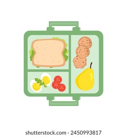 Caja de almuerzo escolar. Contenedor con sándwich, pera, huevos, galletas. Ilustración vectorial en estilo plano, aislado sobre fondo blanco